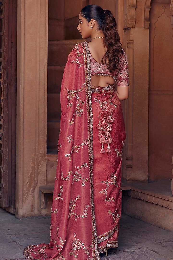 Onion Pink Raw Silk & Bandhani Tissue Cutdana Embroidered Reception Saree Set by Studio Bagechaa at Pernia's Pop Up Shop