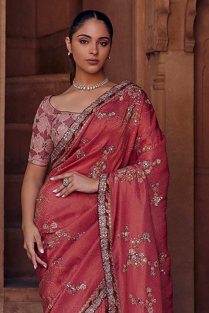 Onion Pink Raw Silk & Bandhani Tissue Cutdana Embroidered Reception Saree Set by Studio Bagechaa at Pernia's Pop Up Shop
