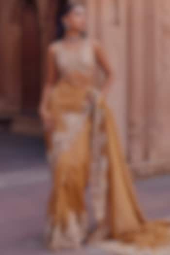 Mustard Raw Silk & Organza Tissue Cutdana Work Reception Saree Set by Studio Bagechaa at Pernia's Pop Up Shop