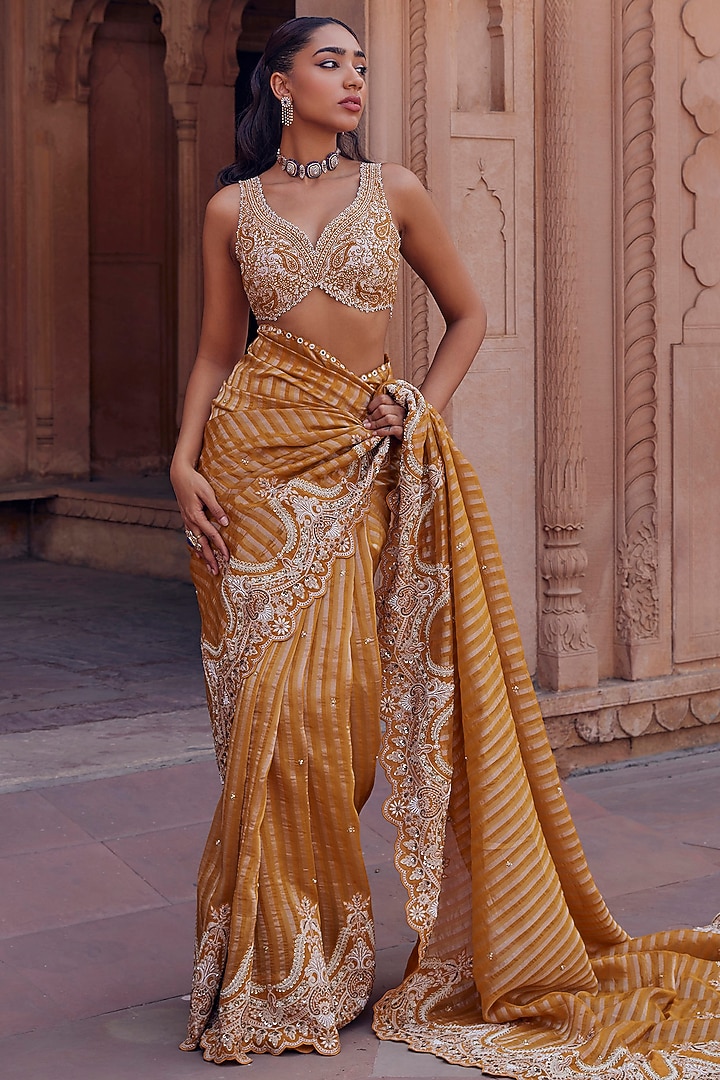 Mustard Raw Silk & Organza Tissue Cutdana Work Reception Saree Set by Studio Bagechaa at Pernia's Pop Up Shop