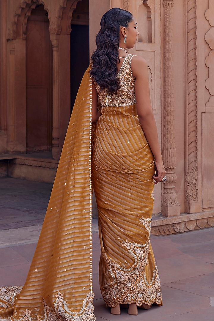 Mustard Raw Silk & Organza Tissue Cutdana Work Reception Saree Set by Studio Bagechaa at Pernia's Pop Up Shop
