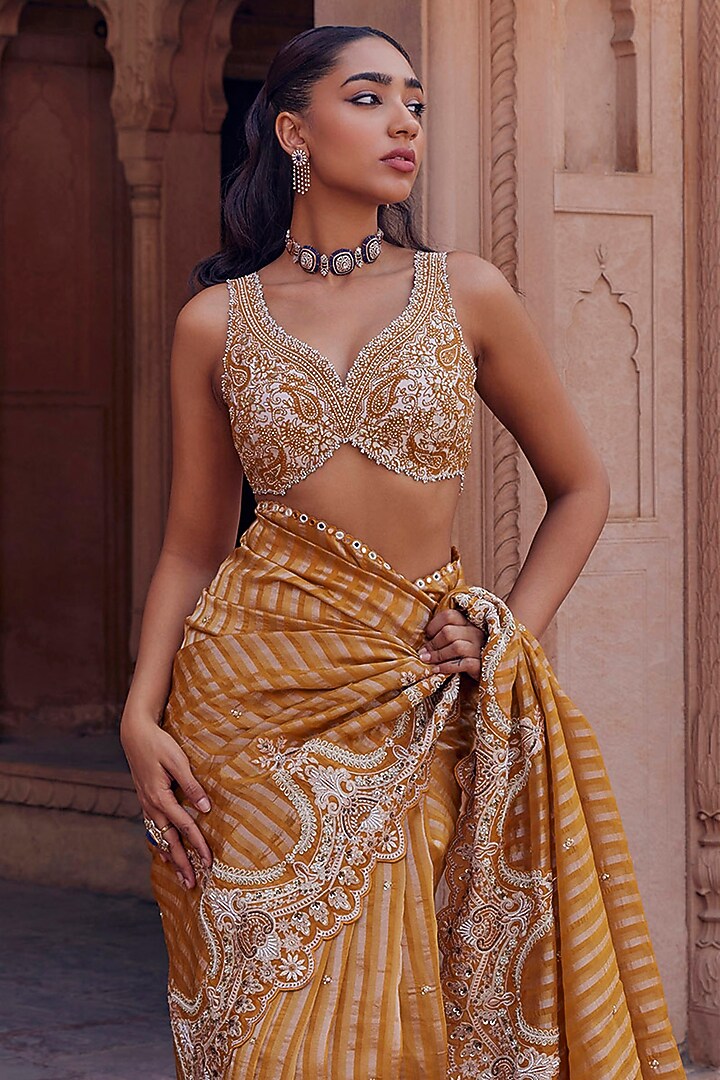 Mustard Raw Silk & Organza Tissue Cutdana Work Reception Saree Set by Studio Bagechaa at Pernia's Pop Up Shop