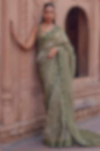 Green Raw Silk & Bandhani Tissue Dori Embroidered Wedding Saree Set by Studio Bagechaa at Pernia's Pop Up Shop