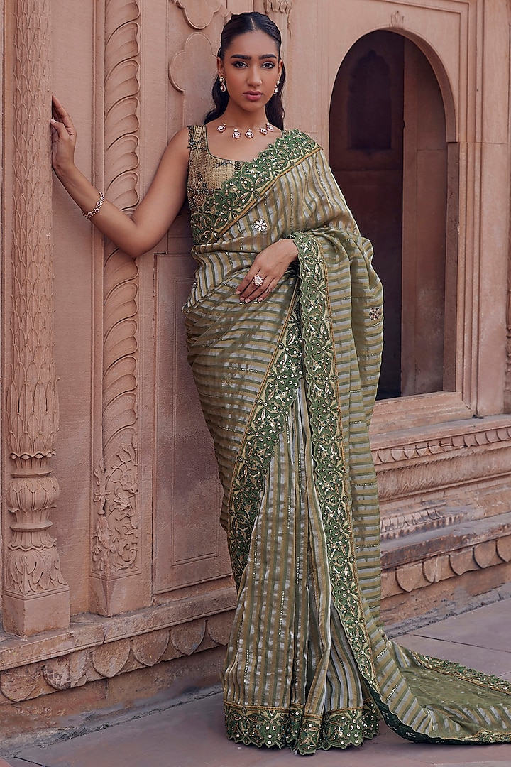 Green Raw Silk & Bandhani Tissue Dori Embroidered Wedding Saree Set by Studio Bagechaa at Pernia's Pop Up Shop