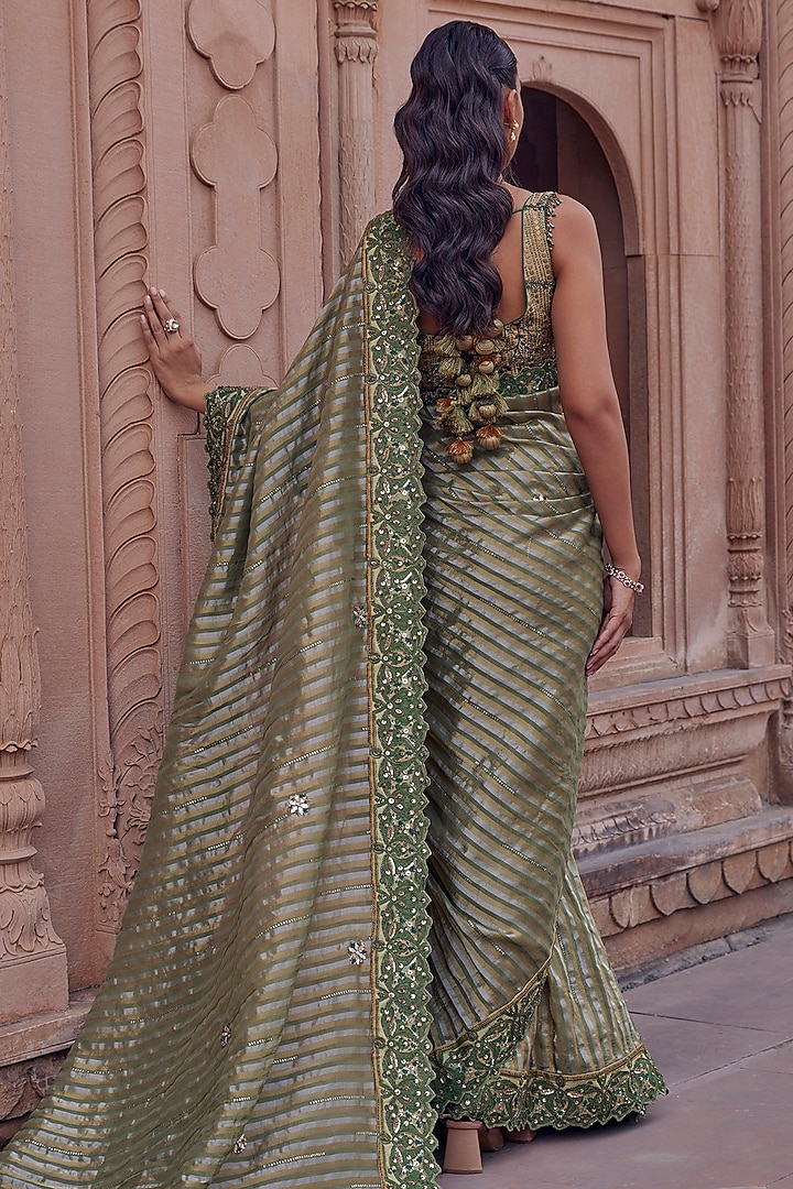 Green Raw Silk & Bandhani Tissue Dori Embroidered Wedding Saree Set by Studio Bagechaa at Pernia's Pop Up Shop