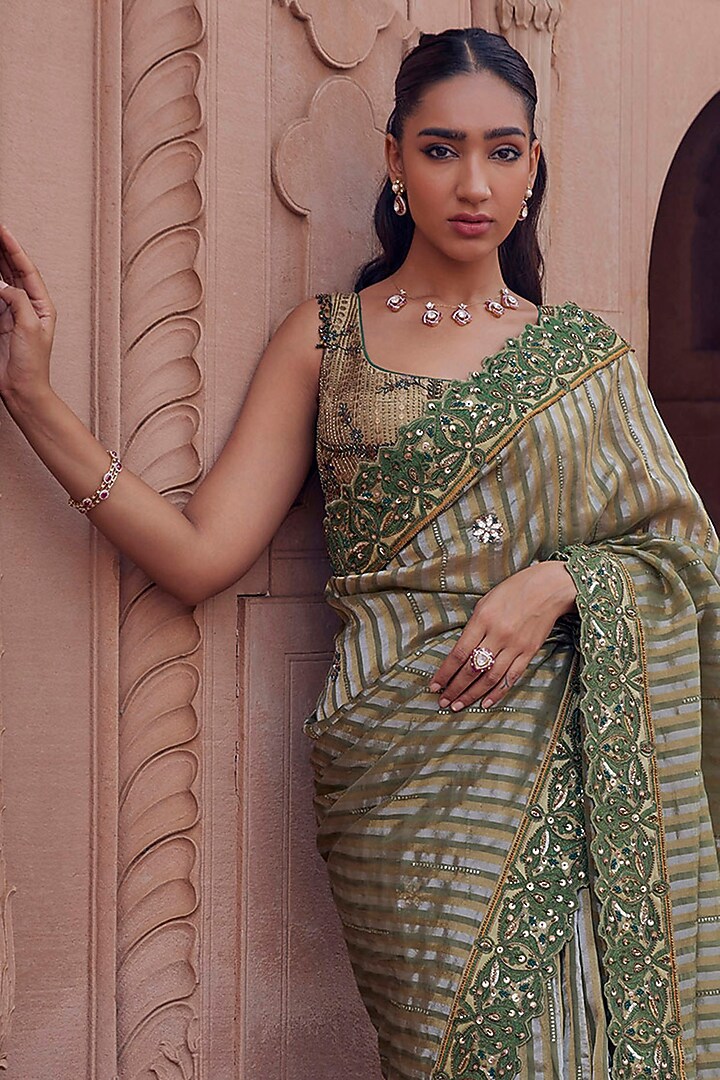Green Raw Silk & Bandhani Tissue Dori Embroidered Wedding Saree Set by Studio Bagechaa at Pernia's Pop Up Shop