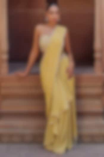 Lemon Yellow Raw Silk & Banarasi Georgette Cutdana Embroidered Draped Wedding Saree Set by Studio Bagechaa at Pernia's Pop Up Shop