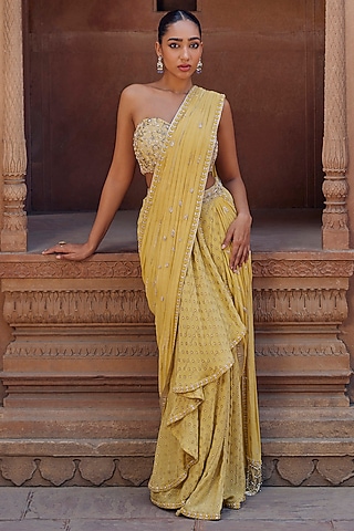 Lemon Yellow Raw Silk & Banarasi Georgette Cutdana Embroidered Draped Saree Set by Studio Bagechaa