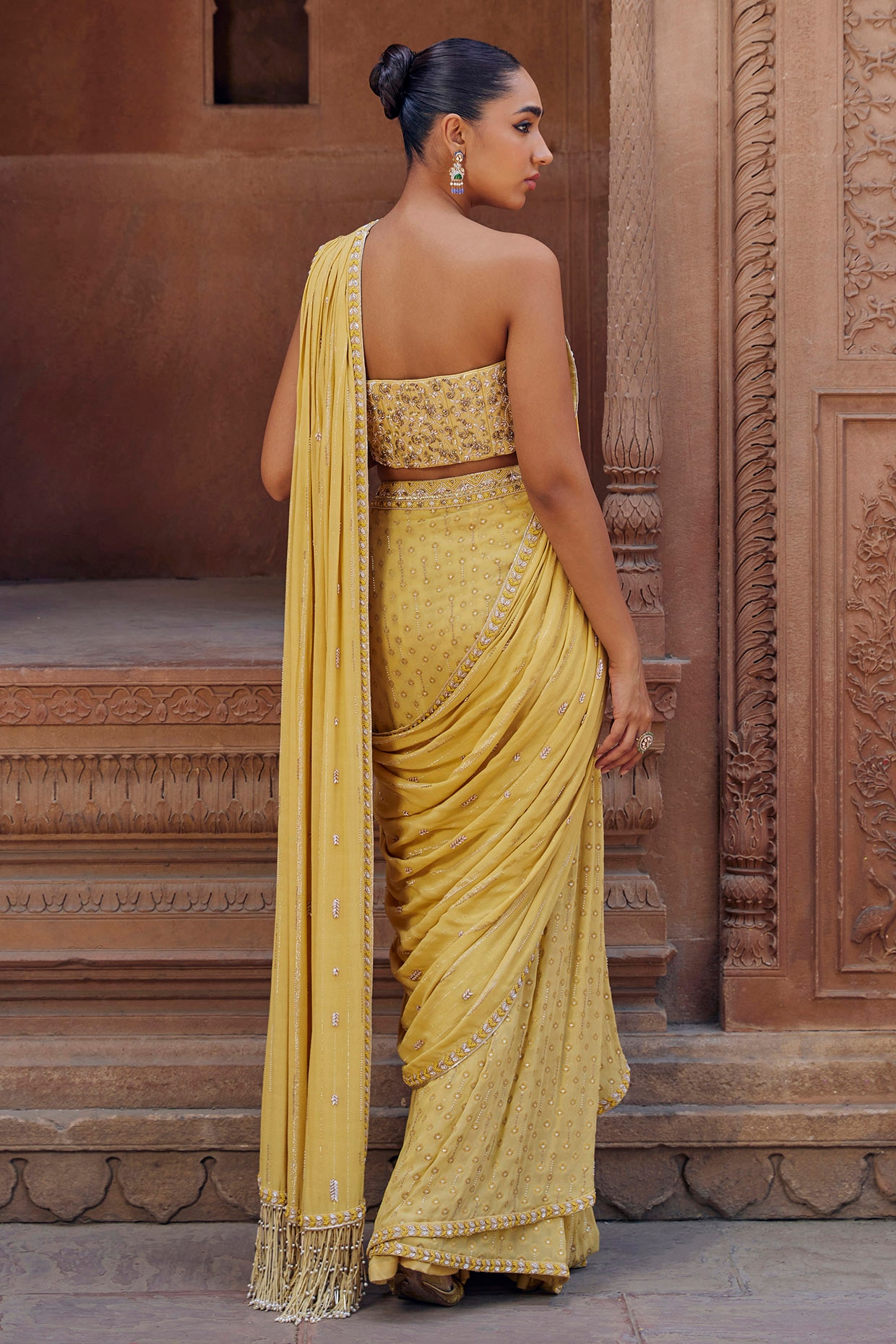 Georgette Lemon Yellow Designer Saree at Rs 1225 in Surat | ID: 14317380088