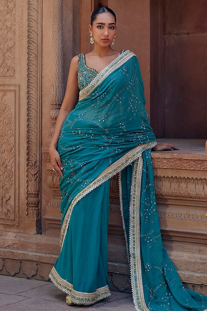 Greenish Turquoise Raw Silk Cutdana Embroidered Saree Set by Studio Bagechaa at Pernia's Pop Up Shop