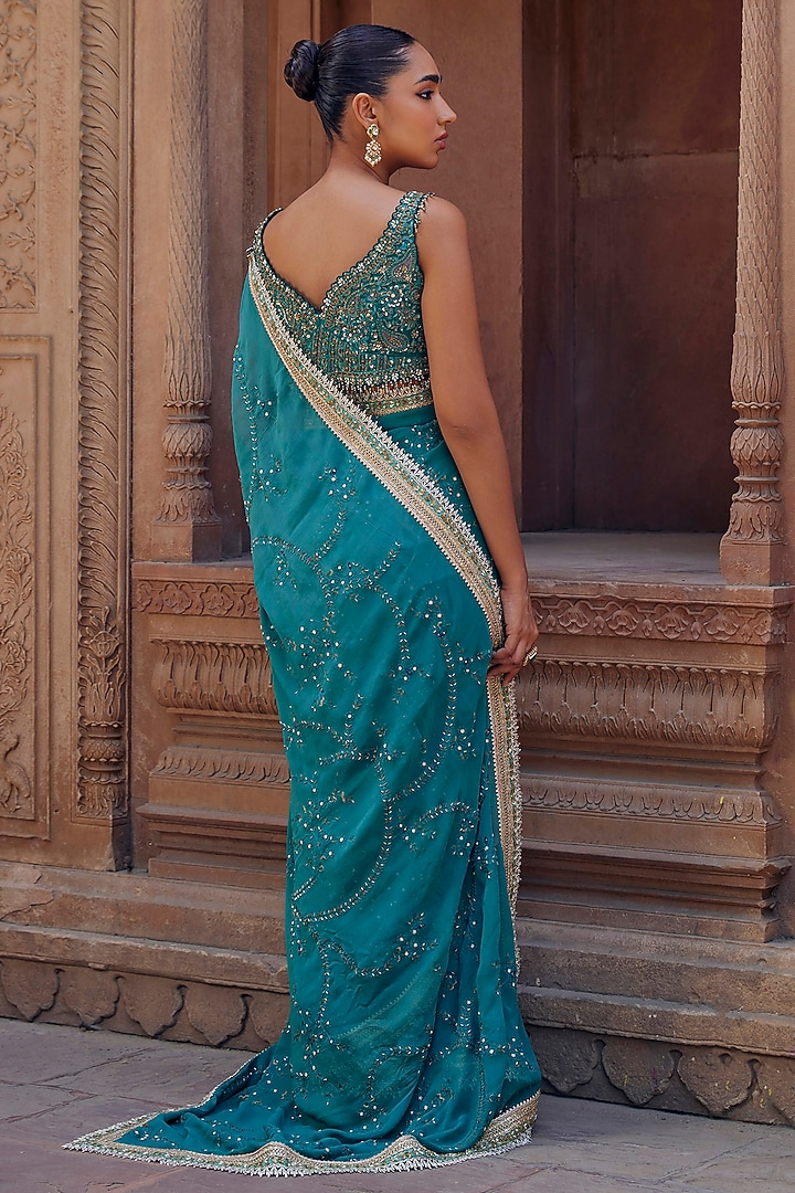 Greenish Turquoise Raw Silk Cutdana Embroidered Wedding Saree Set by Studio Bagechaa at Pernia's Pop Up Shop
