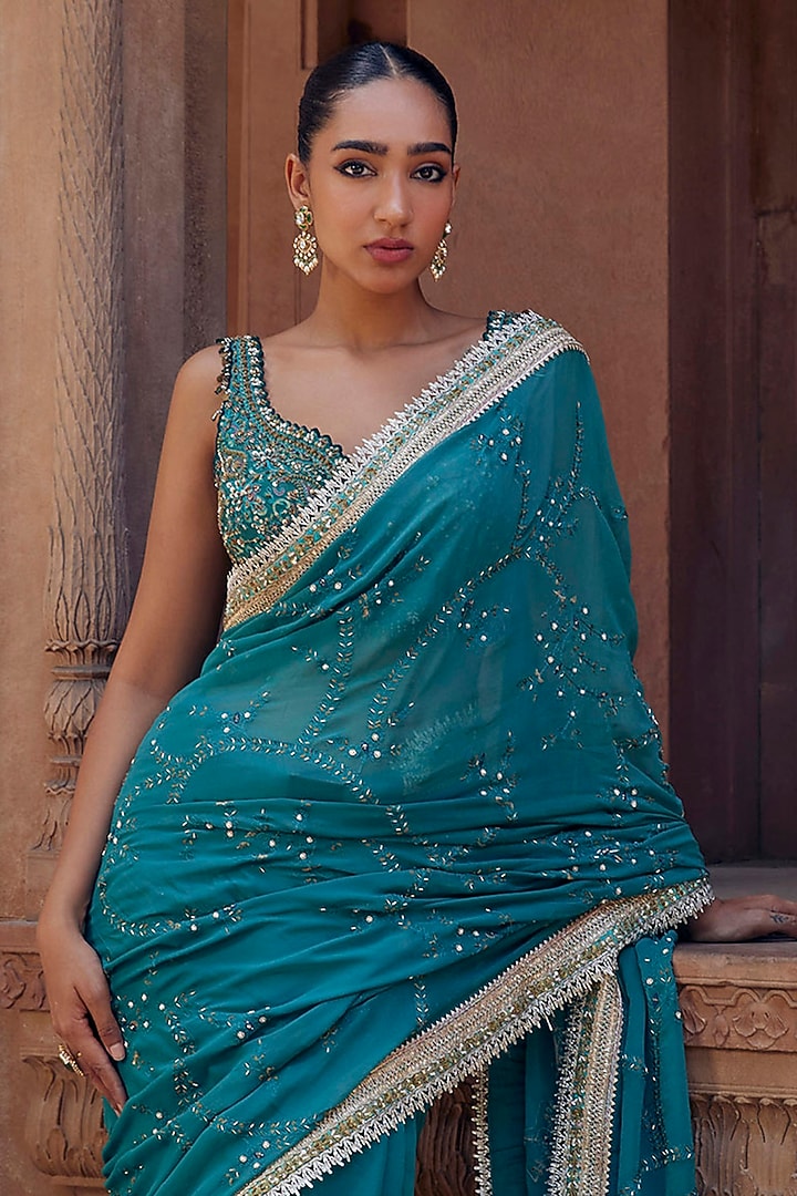Greenish Turquoise Raw Silk Cutdana Embroidered Wedding Saree Set by Studio Bagechaa at Pernia's Pop Up Shop