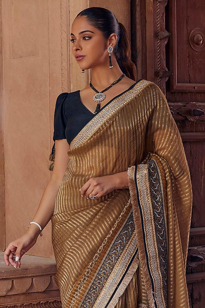 Begish Brown Raw Silk & Organza Tissue Dori Embroidered Wedding Saree Set by Studio Bagechaa at Pernia's Pop Up Shop