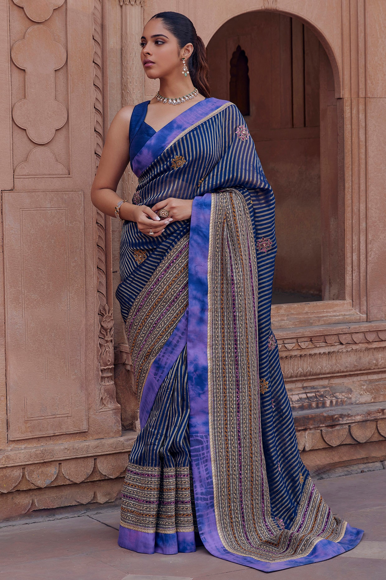 Women's Organza Laheriya Printed Saree with Blouse Piece – Mirchi Fashion