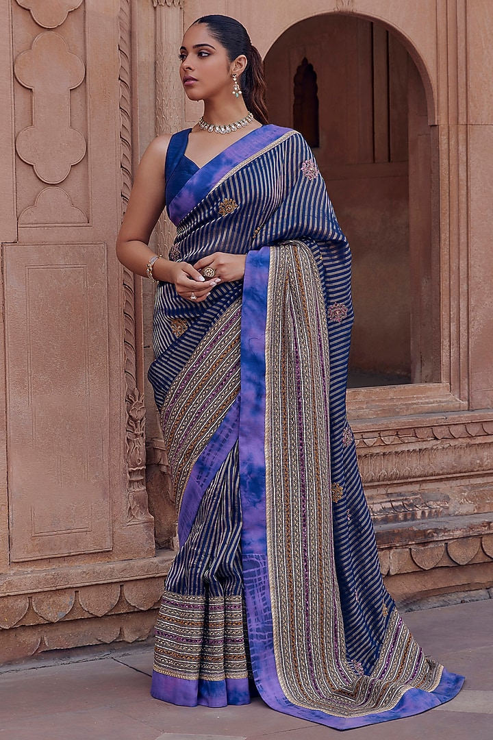 Blue Raw Silk & Organza Tissue Dori Embroidered Wedding Saree Set by Studio Bagechaa at Pernia's Pop Up Shop