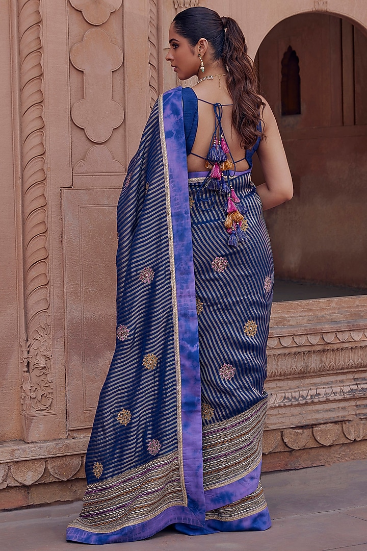 Blue Raw Silk & Organza Tissue Dori Embroidered Wedding Saree Set by Studio Bagechaa at Pernia's Pop Up Shop
