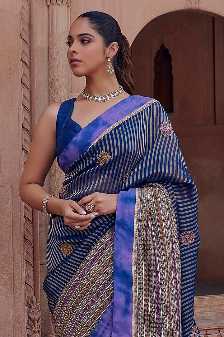 Blue Raw Silk & Organza Tissue Dori Embroidered Wedding Saree Set by Studio Bagechaa at Pernia's Pop Up Shop