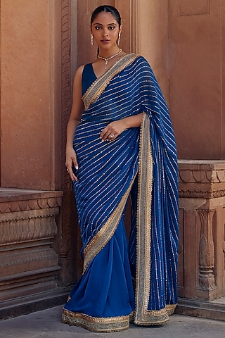 Teal Blue Raw Silk & Georgette Mukaish Work Saree Set by Studio Bagechaa