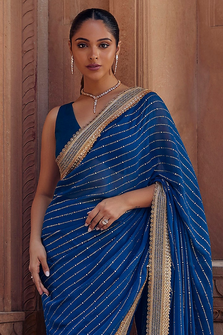 Teal Blue Raw Silk & Georgette Mukaish Work Wedding Saree Set by Studio Bagechaa at Pernia's Pop Up Shop