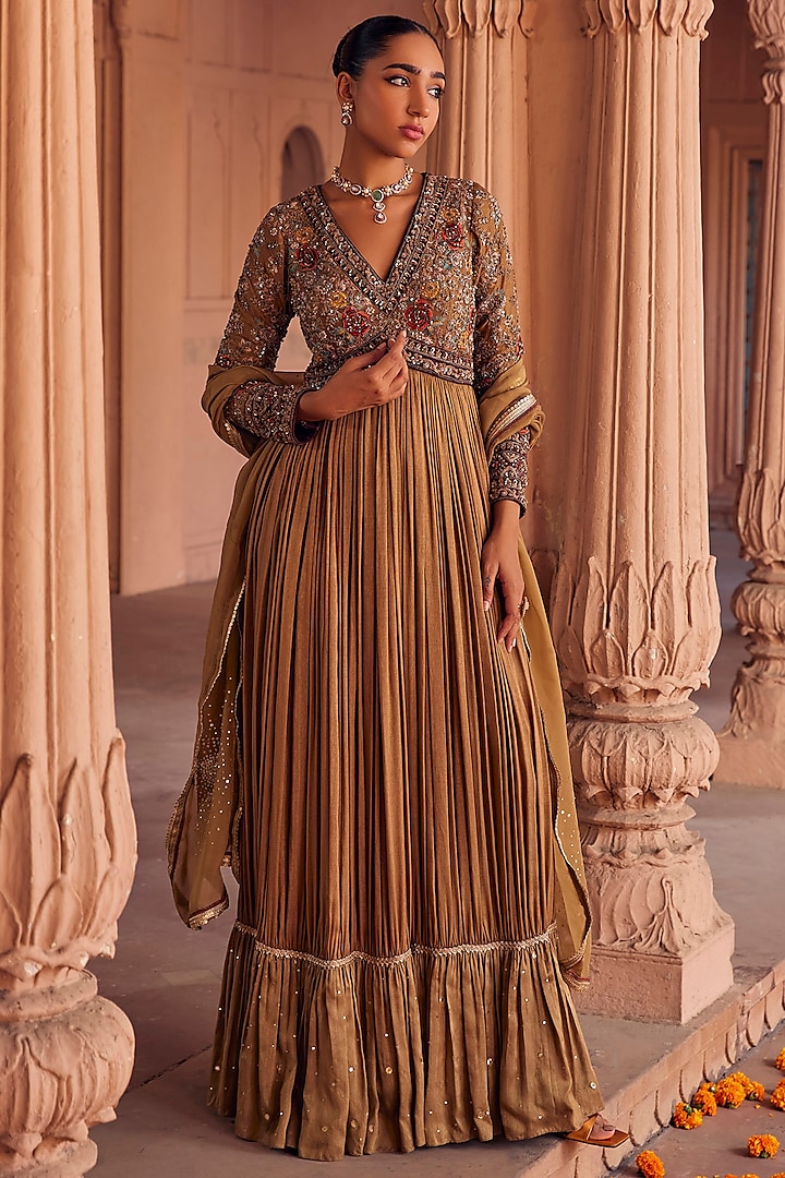 Earthy Brown Fine Silk Resham Thread Embroidered Anarkali by Studio Bagechaa at Pernia's Pop Up Shop