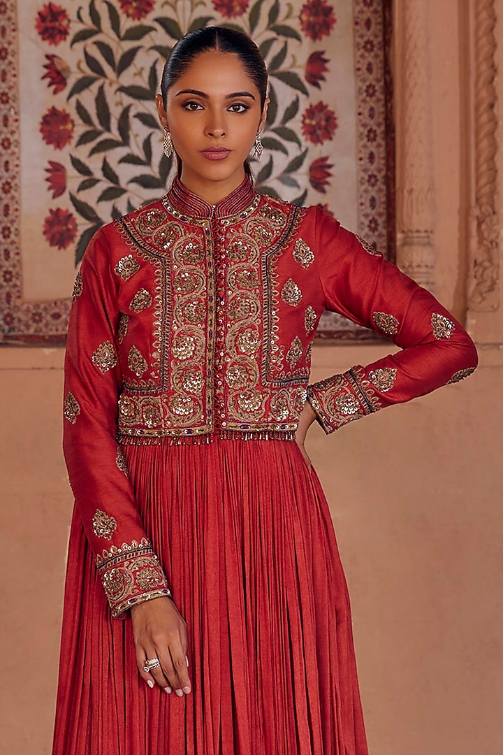 Brick Red Fine Silk Mughal Hand Embroidered Wedding Anarkali With Jacket by Studio Bagechaa at Pernia's Pop Up Shop