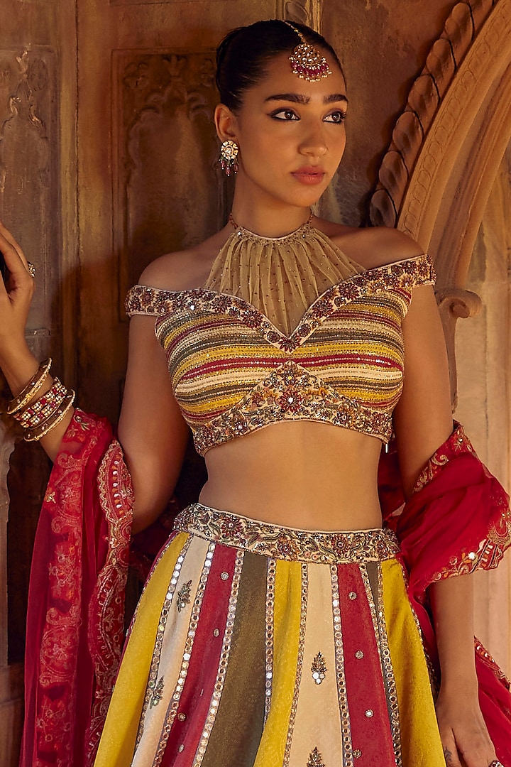 Multi-Colored Bandhani Tissue Handwork Bridal Lehenga Set by Studio Bagechaa at Pernia's Pop Up Shop