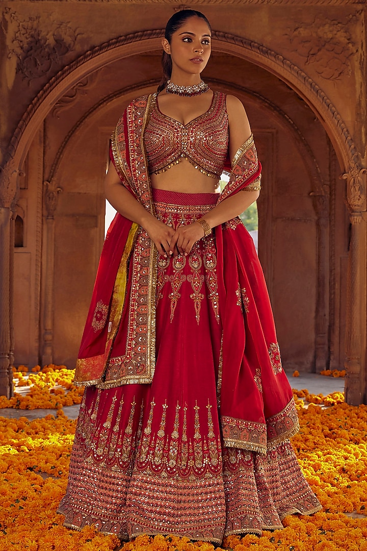 Reddish Pink Raw Silk Sequins & Mughal Embroidered Lehenga Set by Studio Bagechaa