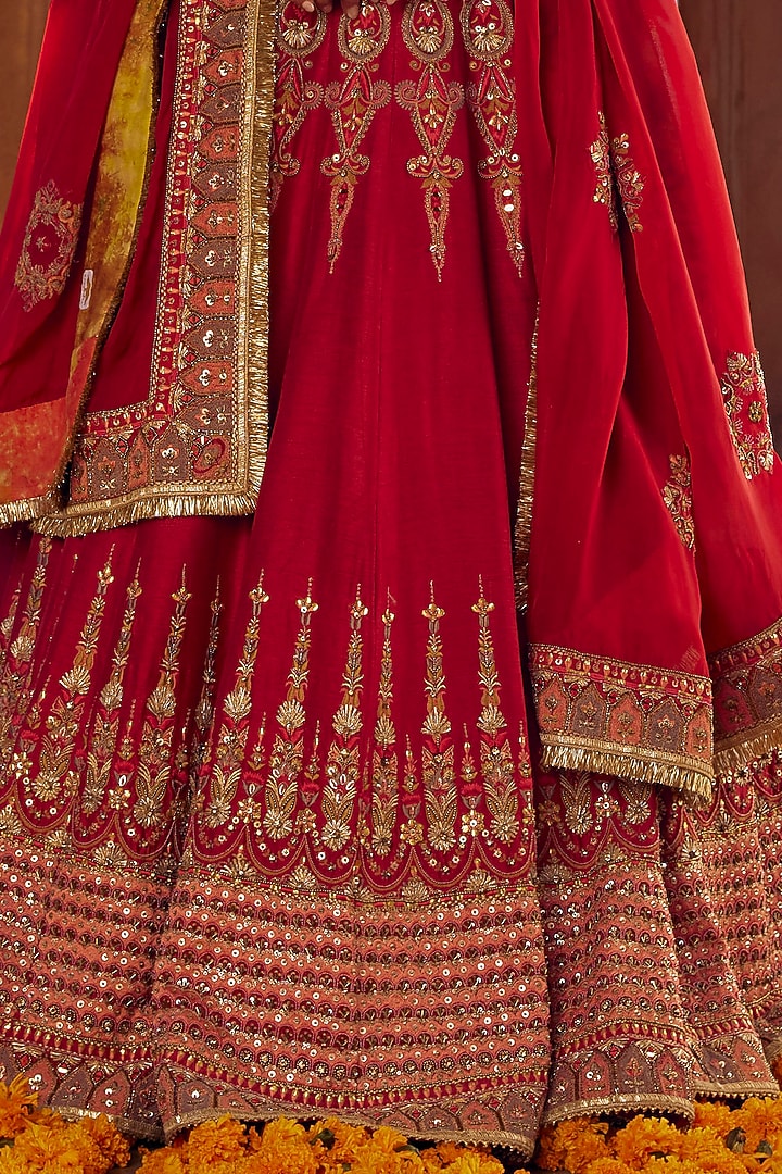 Reddish Pink Raw Silk Sequins & Mughal Embroidered Bridal Lehenga Set by Studio Bagechaa at Pernia's Pop Up Shop