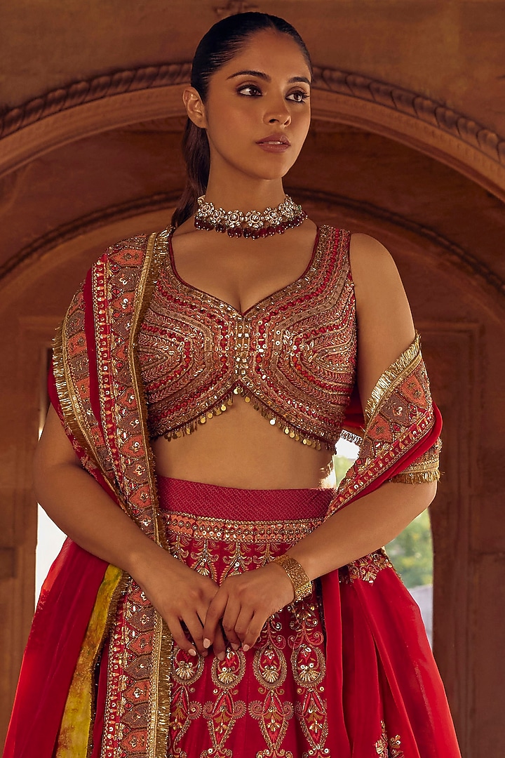 Reddish Pink Raw Silk Sequins & Mughal Embroidered Bridal Lehenga Set by Studio Bagechaa at Pernia's Pop Up Shop