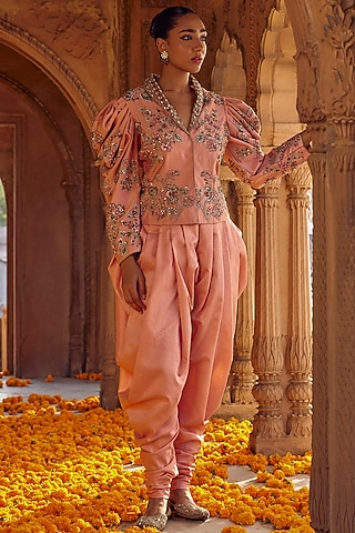 Peach Fine Silk Dhoti Set by Studio Bagechaa