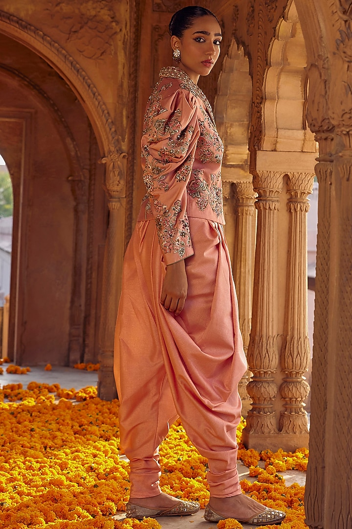 Peach Fine Silk Dhoti Set by Studio Bagechaa at Pernia's Pop Up Shop