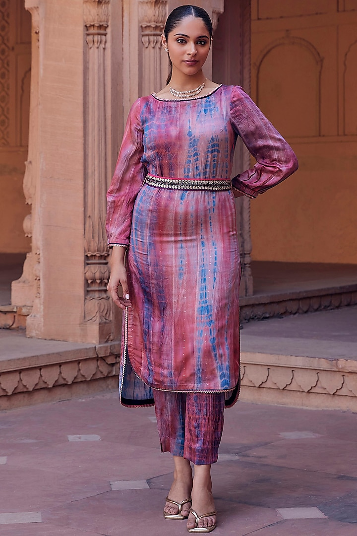 Multi-Colored Chanderi Silk Handwork & Tie-Dyed Kurta Set by Studio Bagechaa