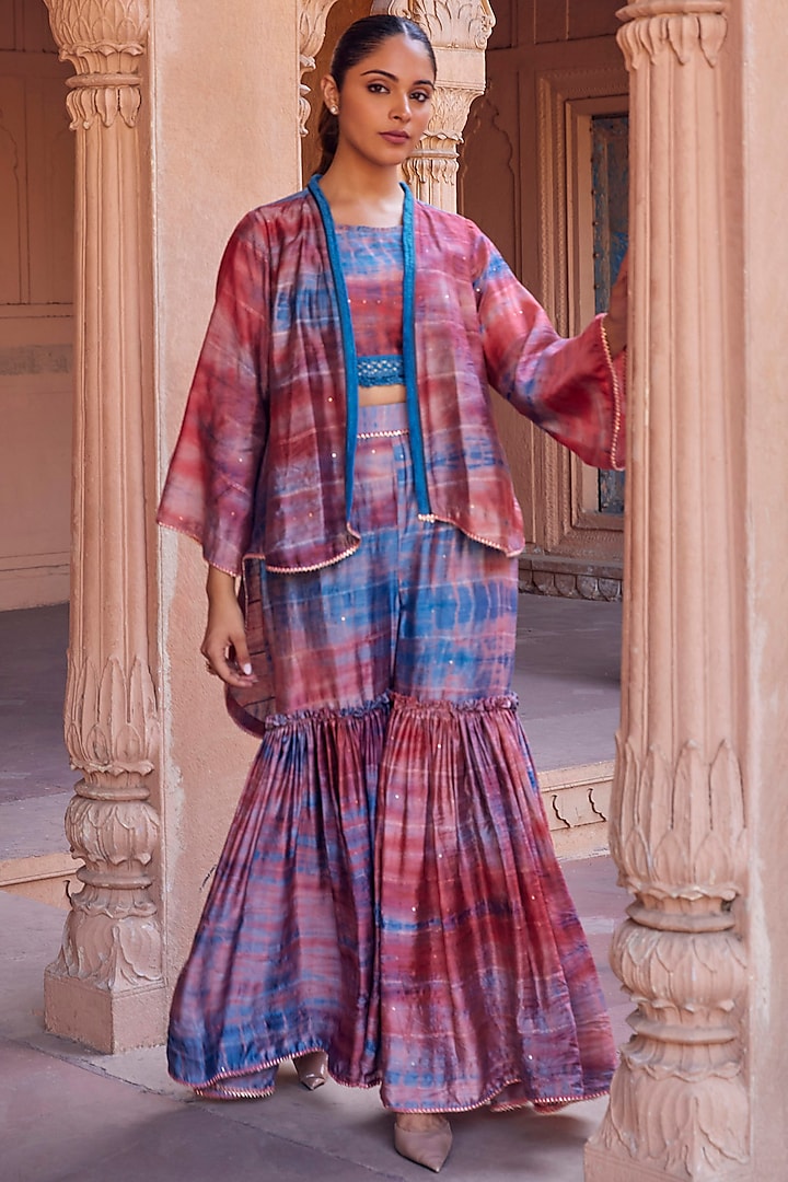 Red & Blue Chanderi Silk Tie-Dyed Jacket Set by Studio Bagechaa