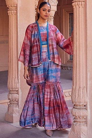 Red & Blue Chanderi Silk Tie-Dyed Jacket Set by Studio Bagechaa