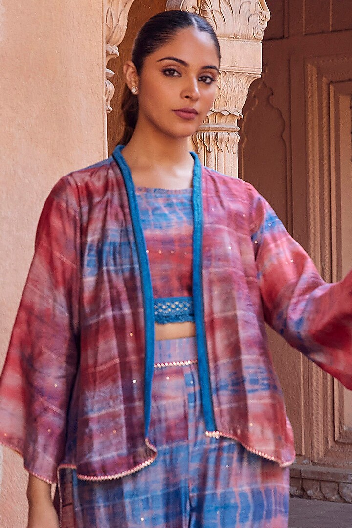 Red & Blue Chanderi Silk Tie-Dyed Jacket Set by Studio Bagechaa at Pernia's Pop Up Shop