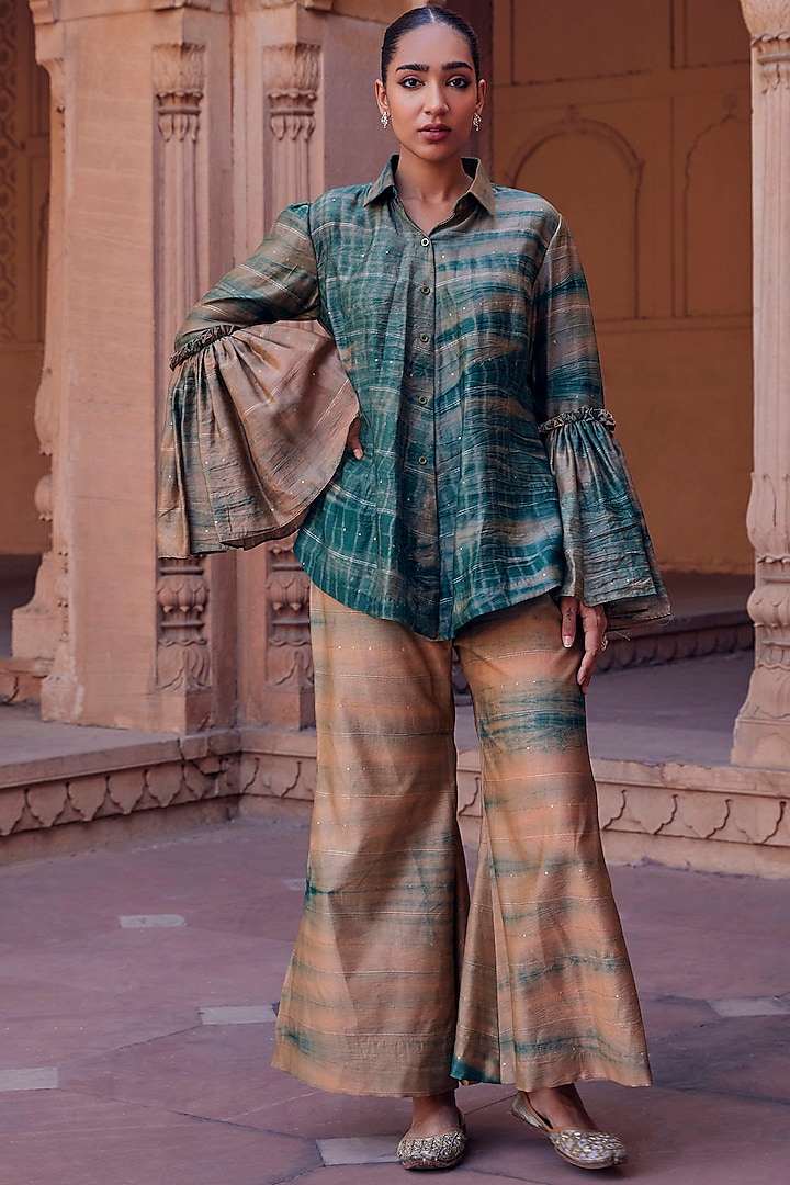 Green & Brown Chanderi Silk Co-Ord Set by Studio Bagechaa