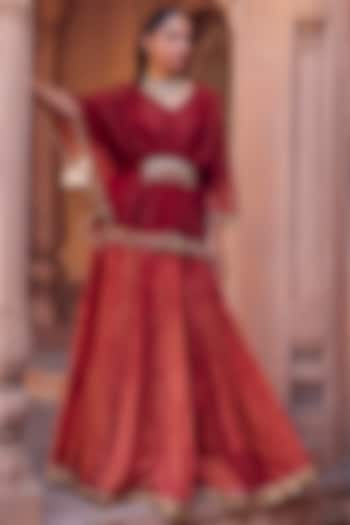 Red Chanderi Silk Skirt Set by Studio Bagechaa