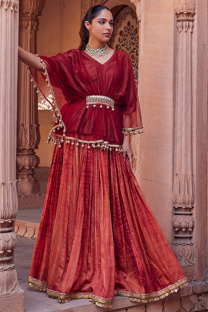Red Chanderi Silk Skirt Set by Studio Bagechaa