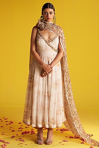 Ivory & Mustard Georgette Digital Printed Anarkali Set by Studio Bagechaa