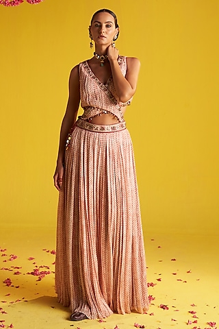 Orange & Ivory Georgette Hand Embroidered Anarkali Set by Studio Bagechaa