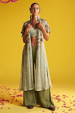 Green & Brown Georgette Floral Embroidered Cape Set by Studio Bagechaa