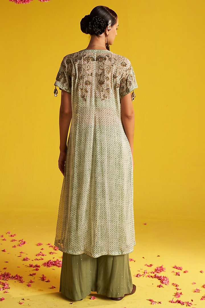 Green & Brown Georgette Floral Embroidered Cape Set by Studio Bagechaa at Pernia's Pop Up Shop