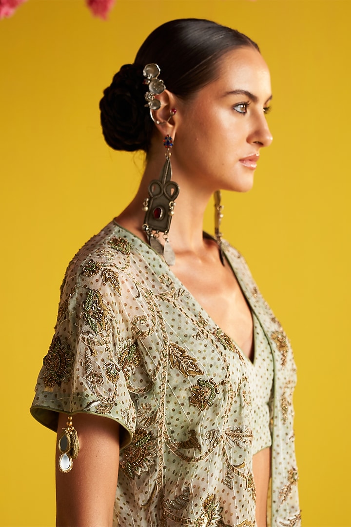 Green & Brown Georgette Floral Embroidered Cape Set by Studio Bagechaa at Pernia's Pop Up Shop