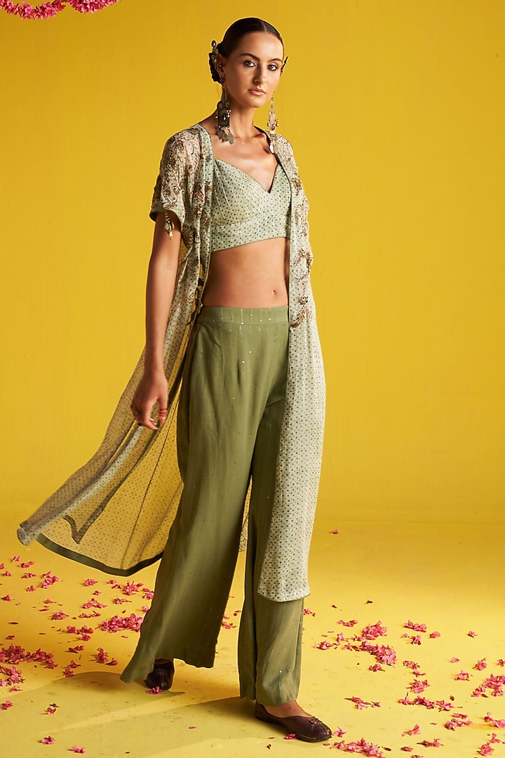 Green & Brown Georgette Floral Embroidered Cape Set by Studio Bagechaa at Pernia's Pop Up Shop