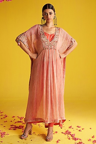Peach & Ivory Georgette Hand Embroidered Striped Kaftan Set by Studio Bagechaa