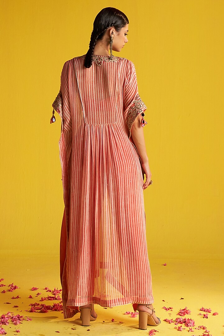 Peach & Ivory Georgette Hand Embroidered Striped Kaftan Set by Studio Bagechaa at Pernia's Pop Up Shop