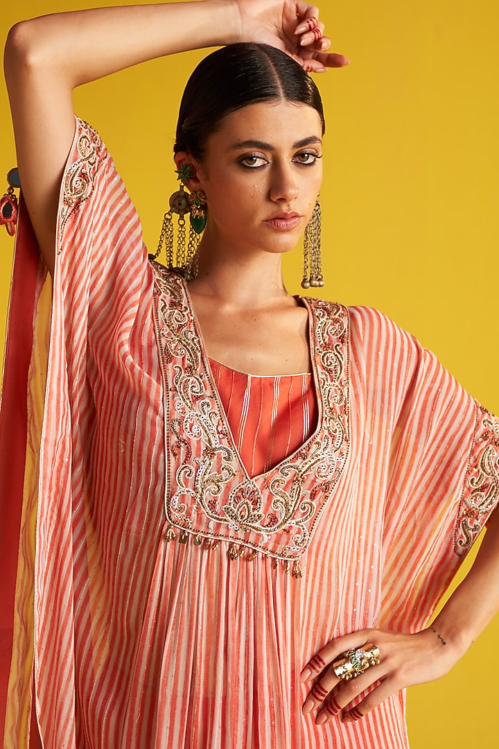 Peach & Ivory Georgette Hand Embroidered Striped Kaftan Set by Studio Bagechaa at Pernia's Pop Up Shop