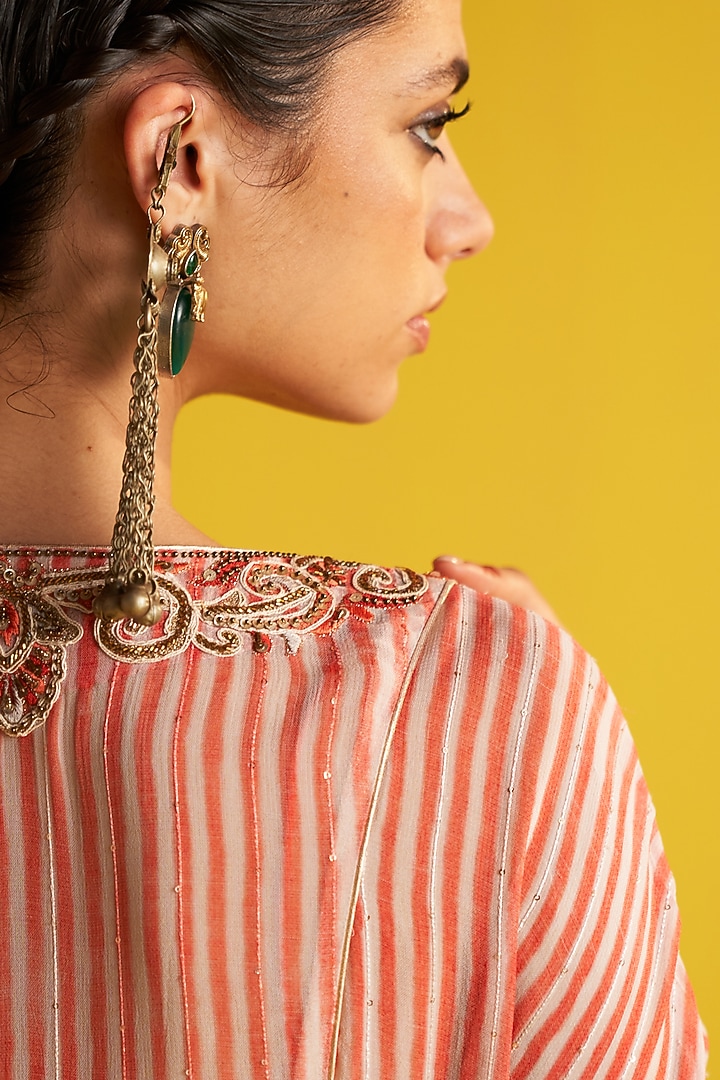 Peach & Ivory Georgette Hand Embroidered Striped Kaftan Set by Studio Bagechaa at Pernia's Pop Up Shop