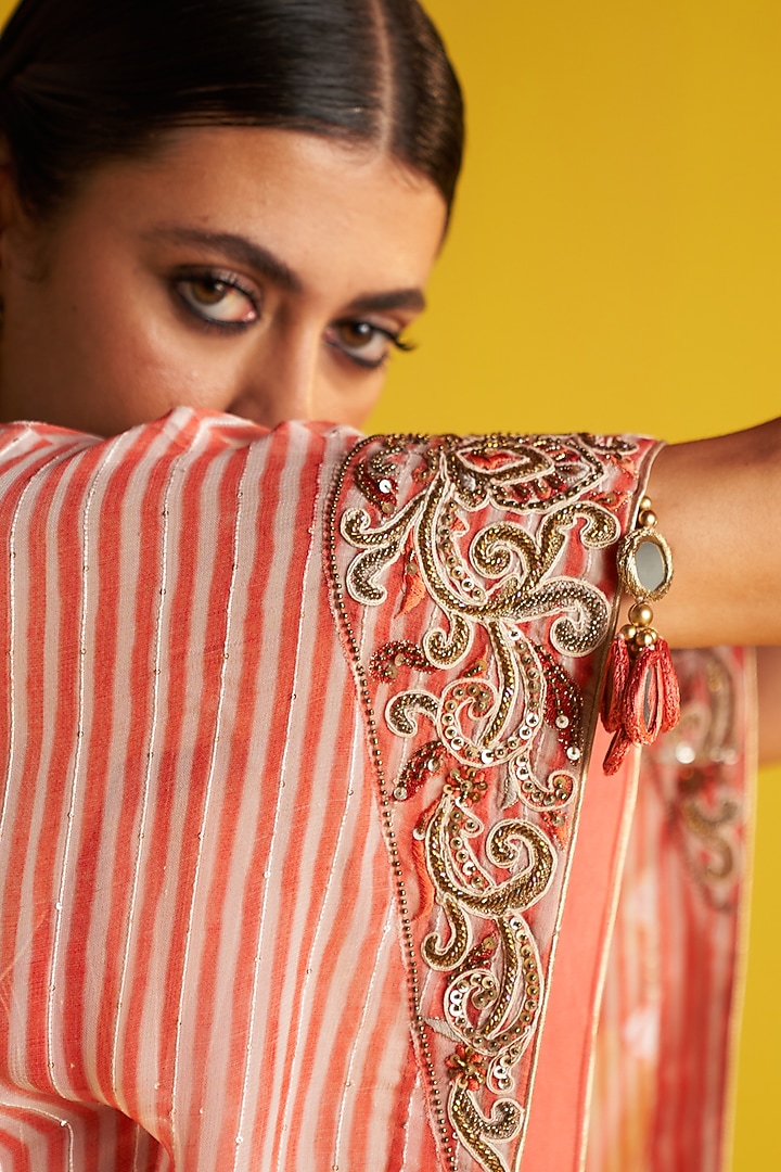 Peach & Ivory Georgette Hand Embroidered Striped Kaftan Set by Studio Bagechaa at Pernia's Pop Up Shop