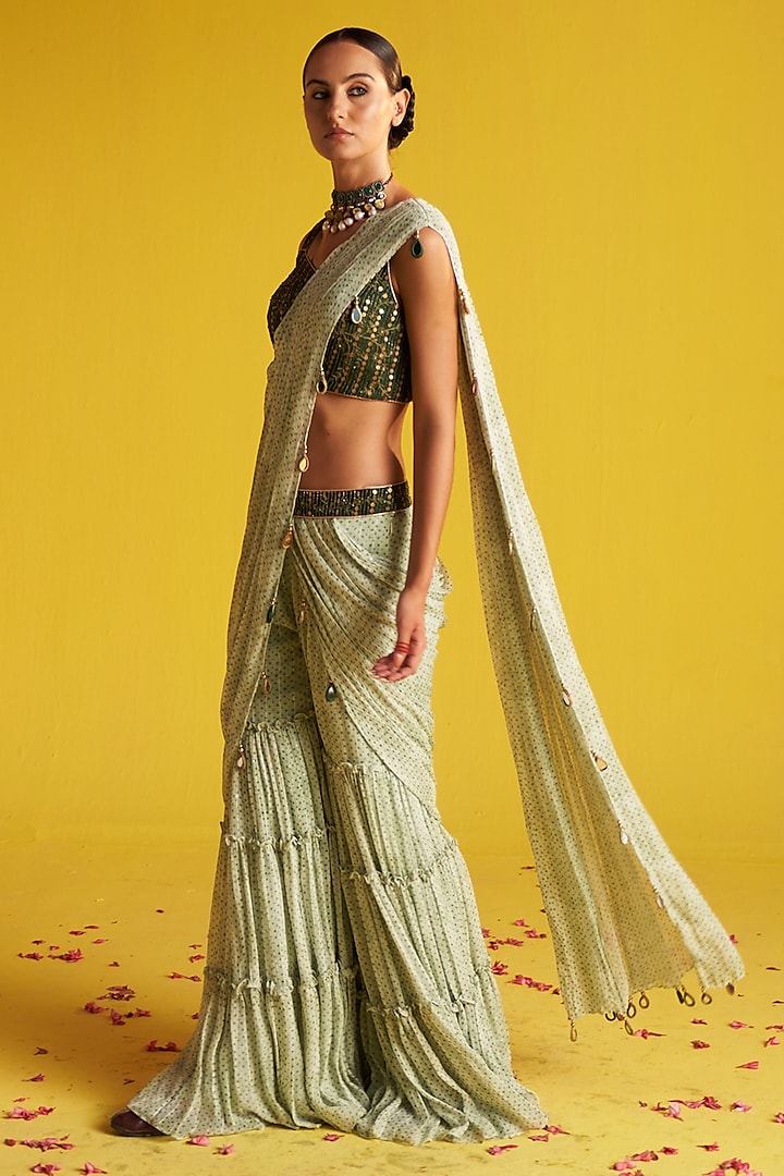 Green & Brown Georgette Digital Printed Pant Saree Set by Studio Bagechaa at Pernia's Pop Up Shop